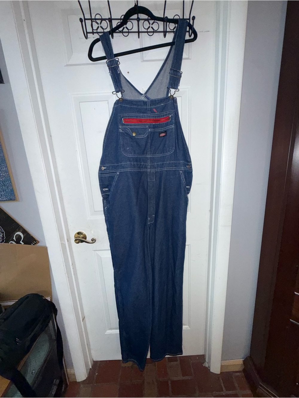 Dickies Men's Dark Blue Denim Overalls with Red Accent